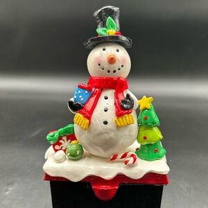 Cast metal stocking holder snowman, Christmas decor